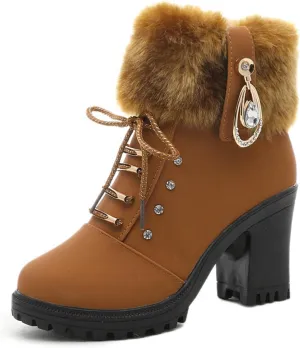 Aceptolcom Women Winter Fur Chunky Heel Ankle Boots,Casual Rhinestones Decor Warm Lined Lace Up Ankle Booties Snow Boots Outdoor Shoes
