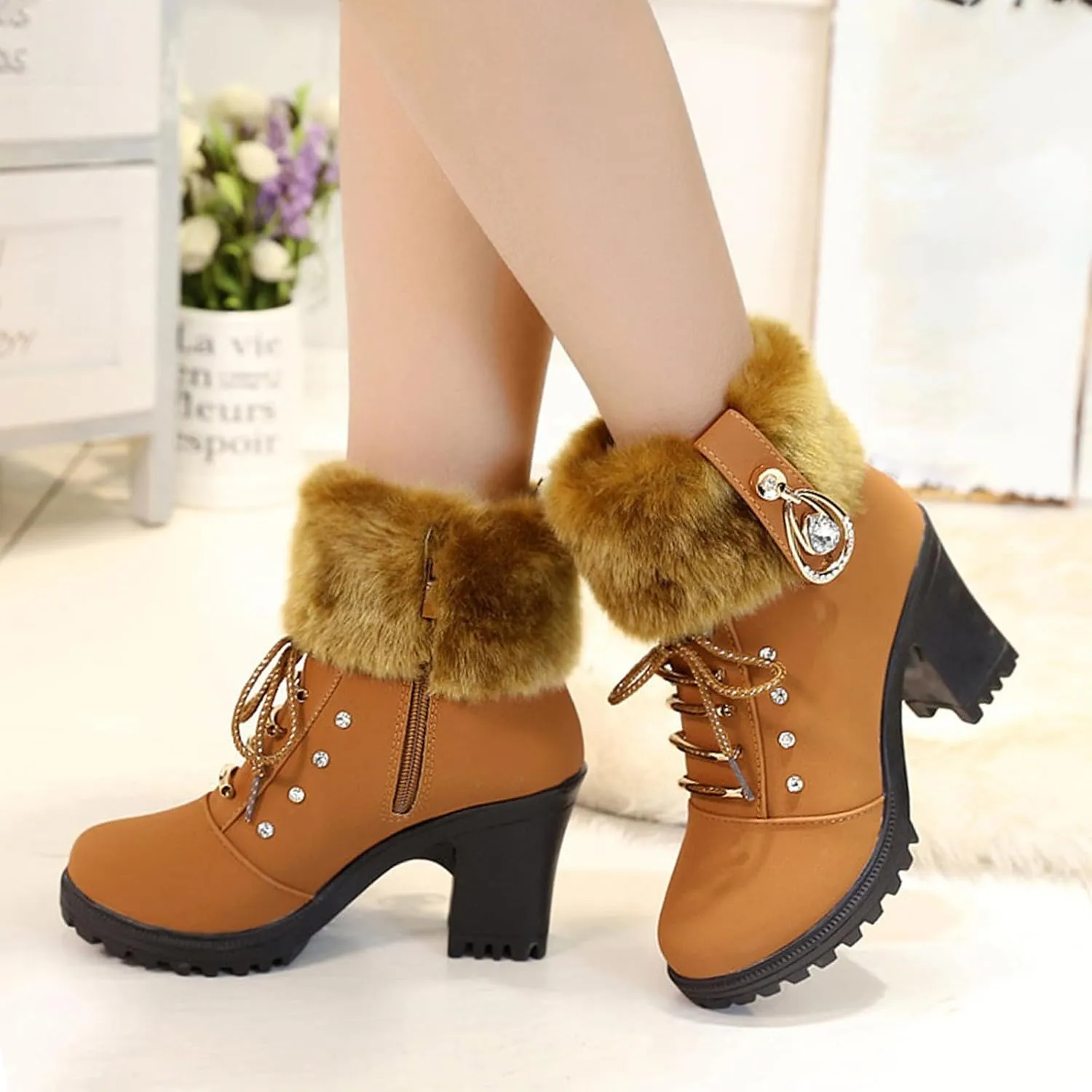 Aceptolcom Women Winter Fur Chunky Heel Ankle Boots,Casual Rhinestones Decor Warm Lined Lace Up Ankle Booties Snow Boots Outdoor Shoes