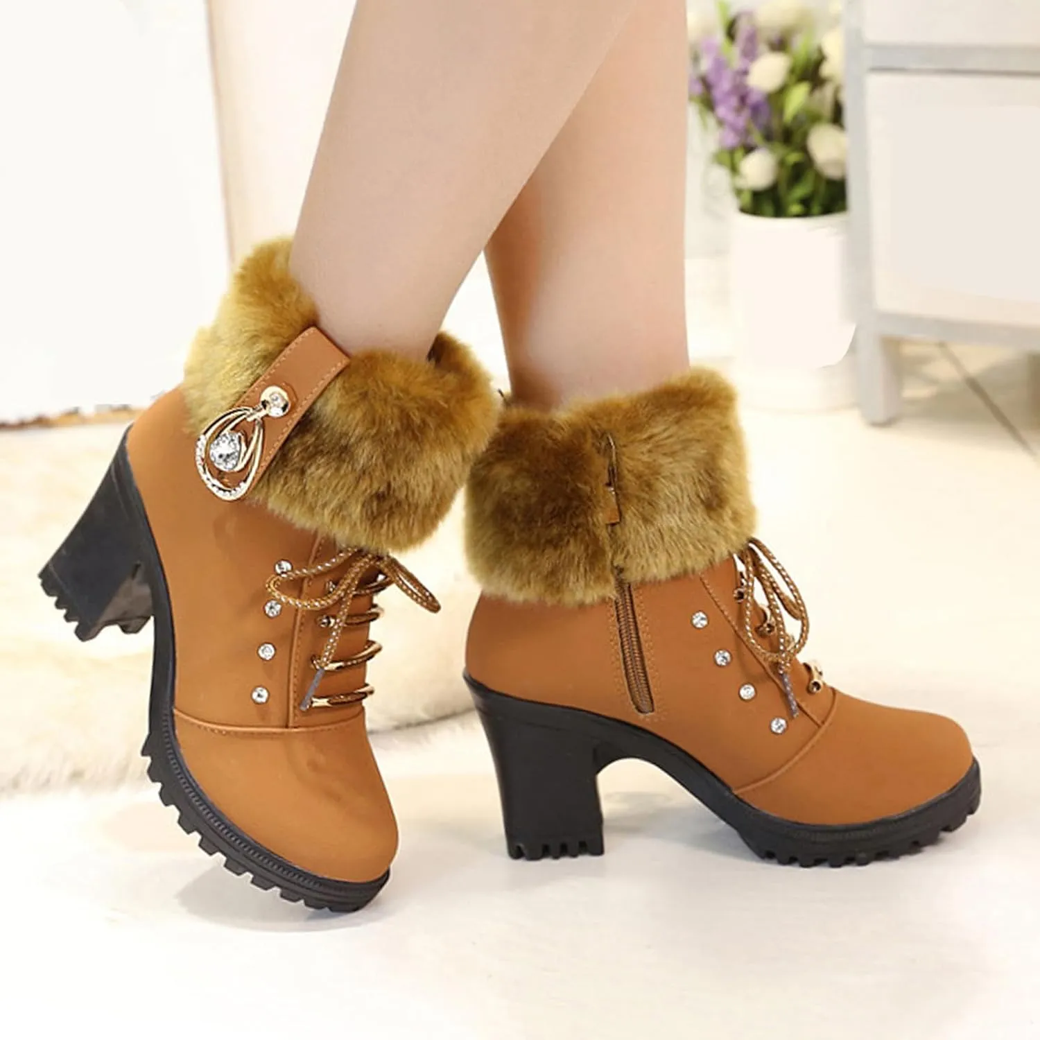 Aceptolcom Women Winter Fur Chunky Heel Ankle Boots,Casual Rhinestones Decor Warm Lined Lace Up Ankle Booties Snow Boots Outdoor Shoes