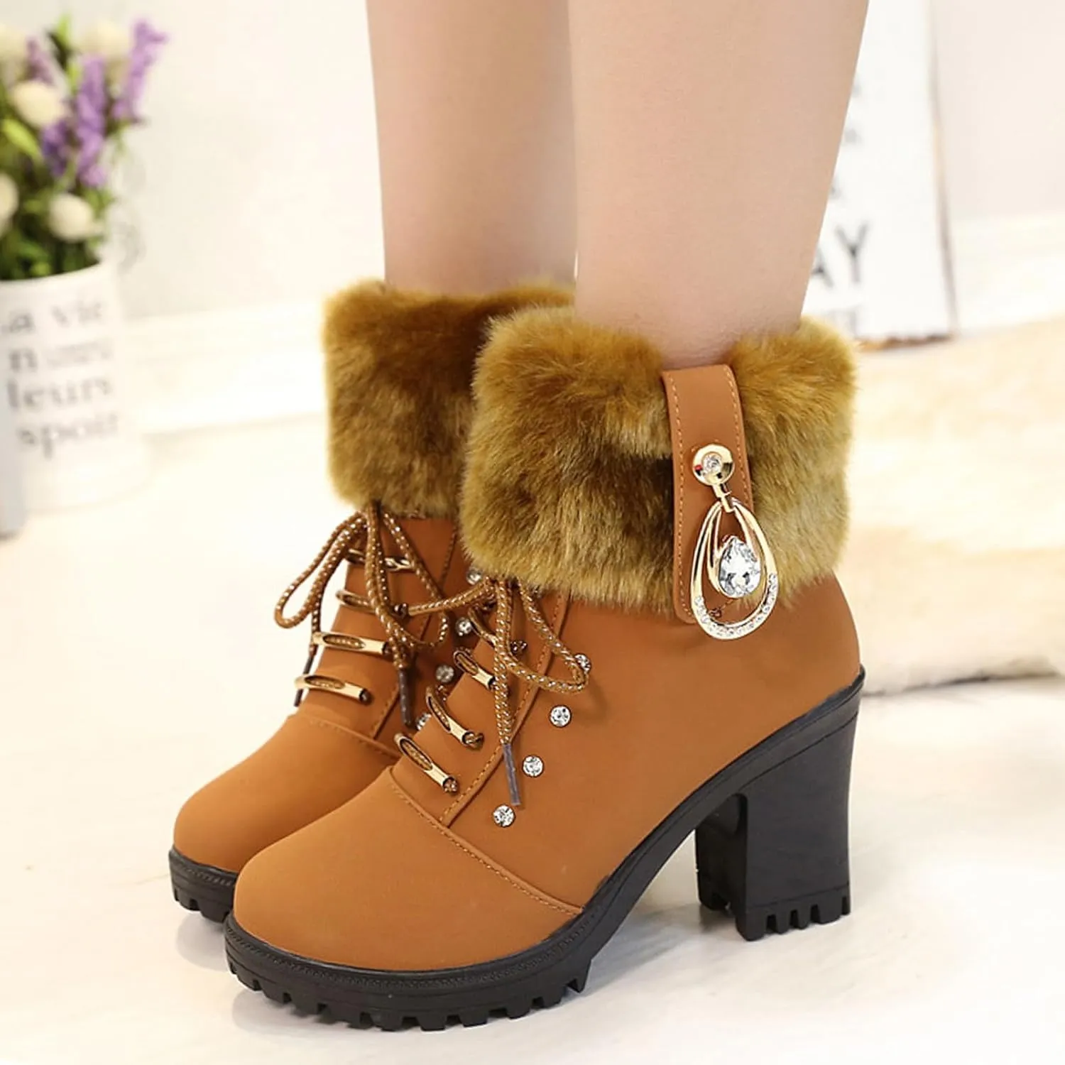Aceptolcom Women Winter Fur Chunky Heel Ankle Boots,Casual Rhinestones Decor Warm Lined Lace Up Ankle Booties Snow Boots Outdoor Shoes