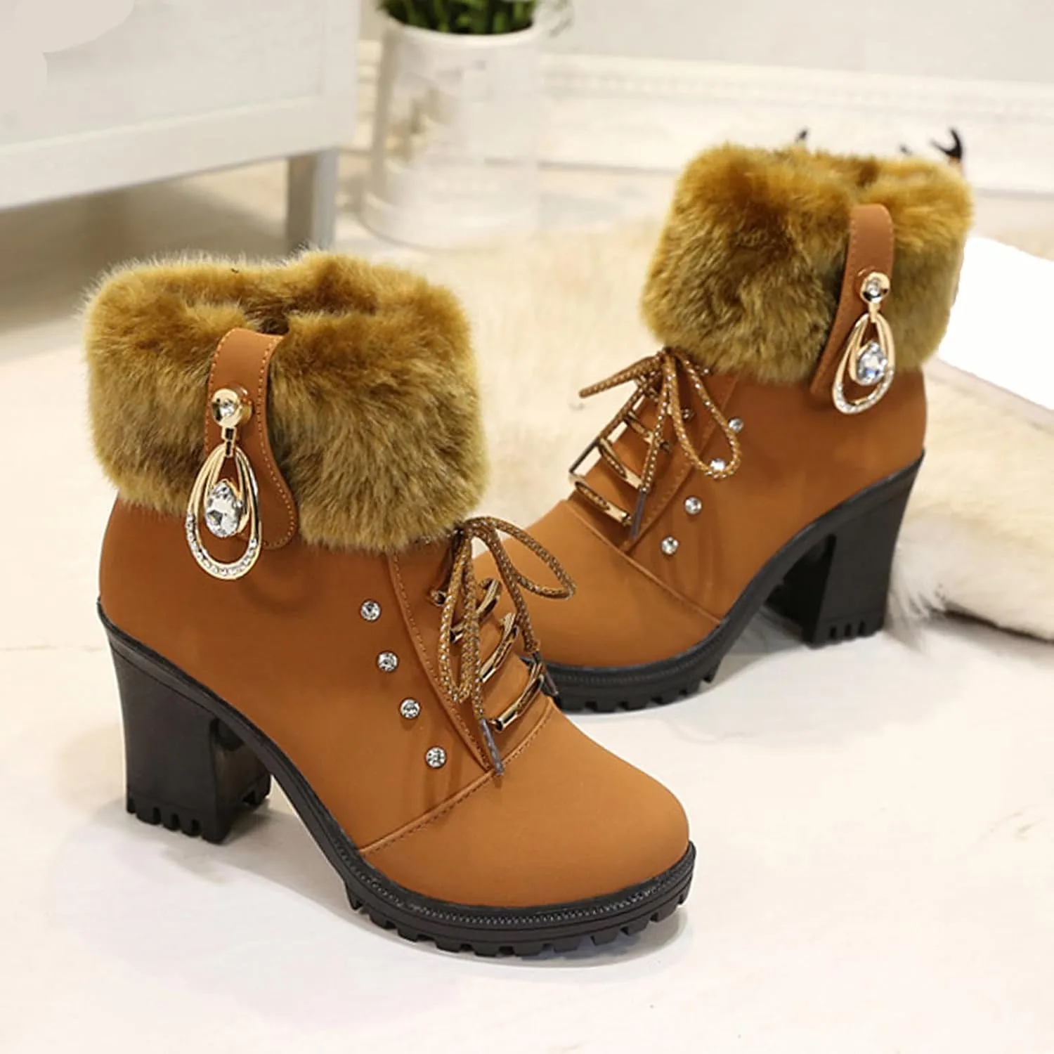 Aceptolcom Women Winter Fur Chunky Heel Ankle Boots,Casual Rhinestones Decor Warm Lined Lace Up Ankle Booties Snow Boots Outdoor Shoes