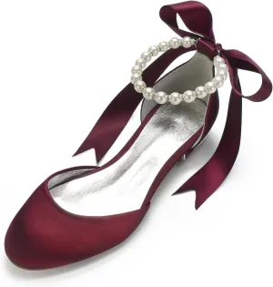 ADMLZQQ Women's Pointed Toe Pearl Satin Wedding Shoes for Bride Flats Ankle Strap Bridal Shoes Formal Prom Party Dress Sandals