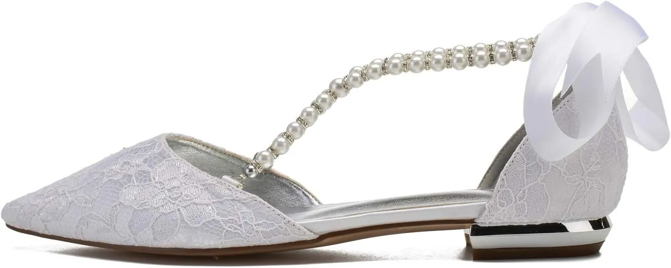 ADMLZQQ Women's Pointed Toe Wedding Flats for Bride Comfortable Lace Low Heels Ankle Strap Bridal Flats Evening Prom Party Dress Shoes