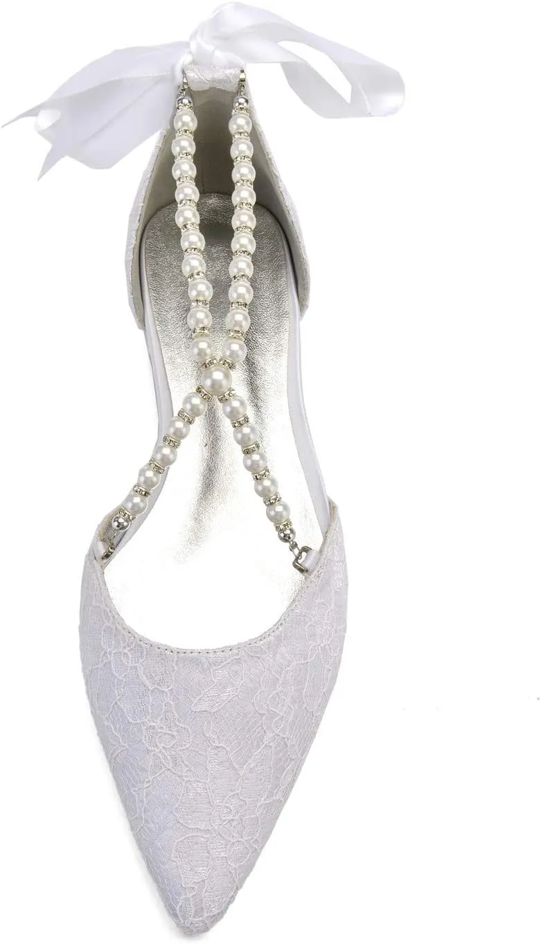 ADMLZQQ Women's Pointed Toe Wedding Flats for Bride Comfortable Lace Low Heels Ankle Strap Bridal Flats Evening Prom Party Dress Shoes