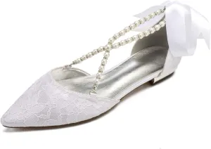 ADMLZQQ Women's Pointed Toe Wedding Flats for Bride Comfortable Lace Low Heels Ankle Strap Bridal Flats Evening Prom Party Dress Shoes