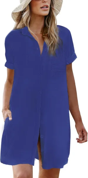 AI'MAGE Womens Bathing Suit Cover Ups Summer Shirt Dress Casual Short Sleeve Button Down Beach Shirts with Pockets S-XXL