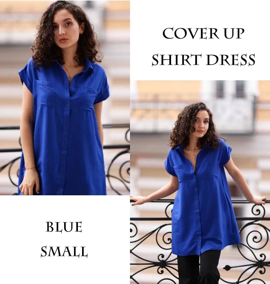 AI'MAGE Womens Bathing Suit Cover Ups Summer Shirt Dress Casual Short Sleeve Button Down Beach Shirts with Pockets S-XXL