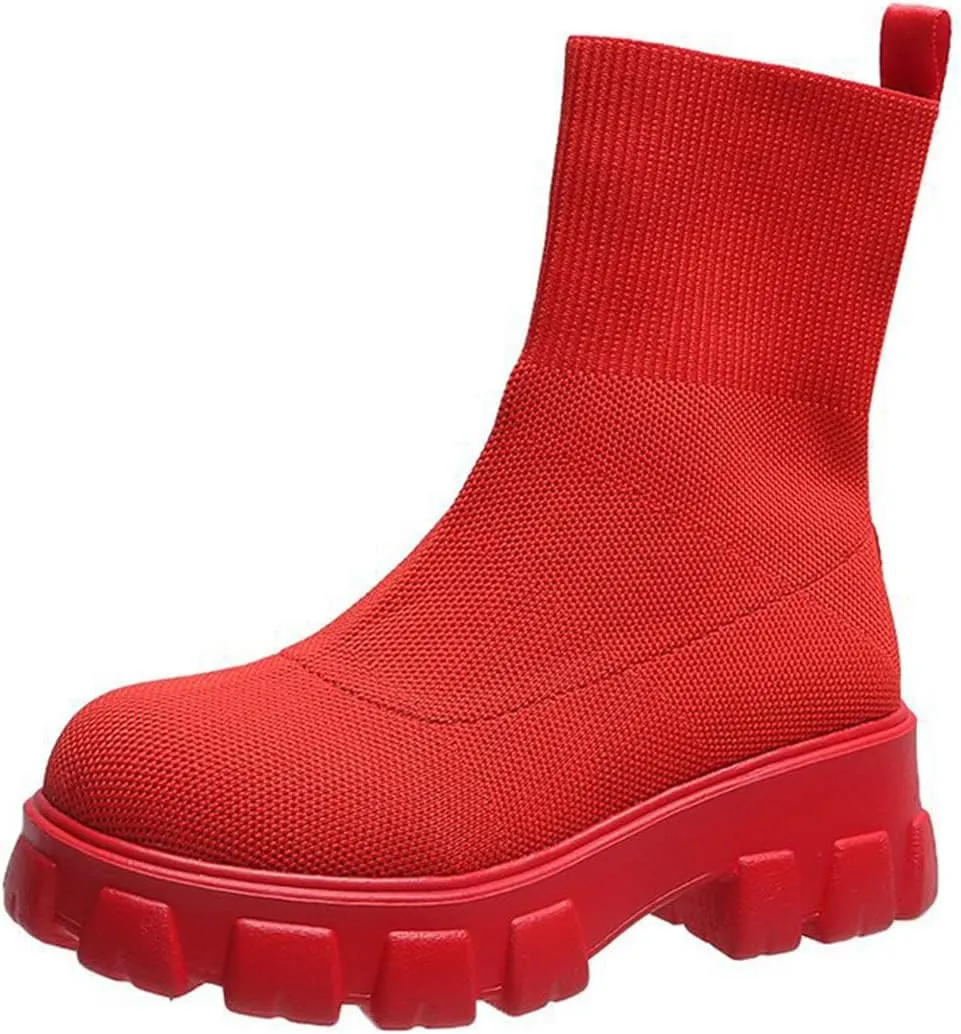 AINIJIA&HOLO Women's Round Toe Knited Stretch Socks Ankle Boots, Thick Sole Casual Warm Boots Chelsea Ankle Boots