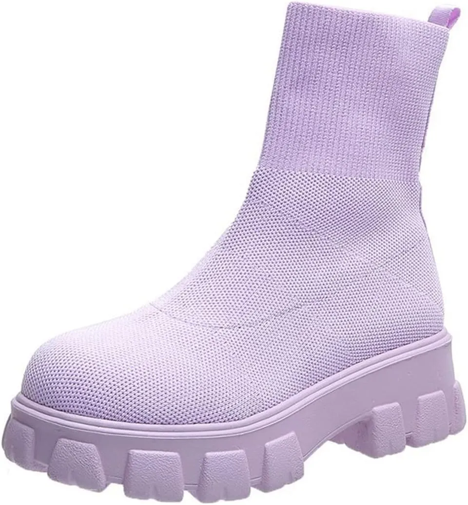 AINIJIA&HOLO Women's Round Toe Knited Stretch Socks Ankle Boots, Thick Sole Casual Warm Boots Chelsea Ankle Boots