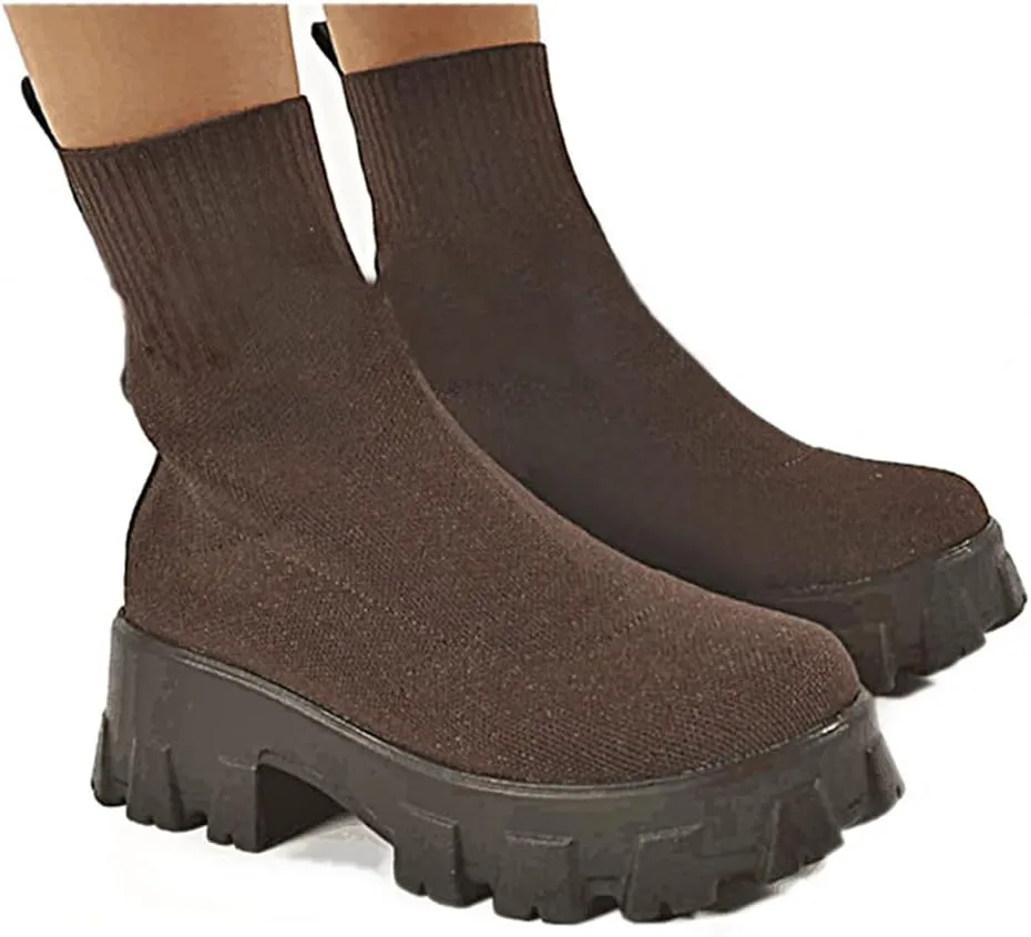 AINIJIA&HOLO Women's Round Toe Knited Stretch Socks Ankle Boots, Thick Sole Casual Warm Boots Chelsea Ankle Boots