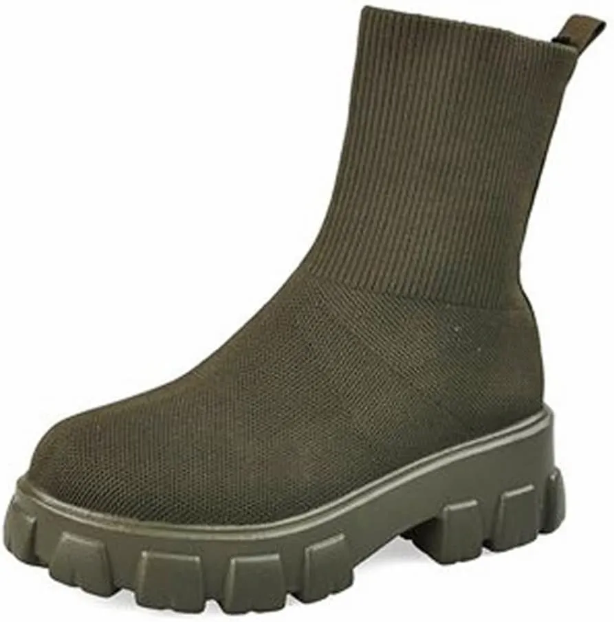AINIJIA&HOLO Women's Round Toe Knited Stretch Socks Ankle Boots, Thick Sole Casual Warm Boots Chelsea Ankle Boots