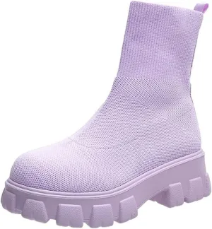 AINIJIA&HOLO Women's Round Toe Knited Stretch Socks Ankle Boots, Thick Sole Casual Warm Boots Chelsea Ankle Boots