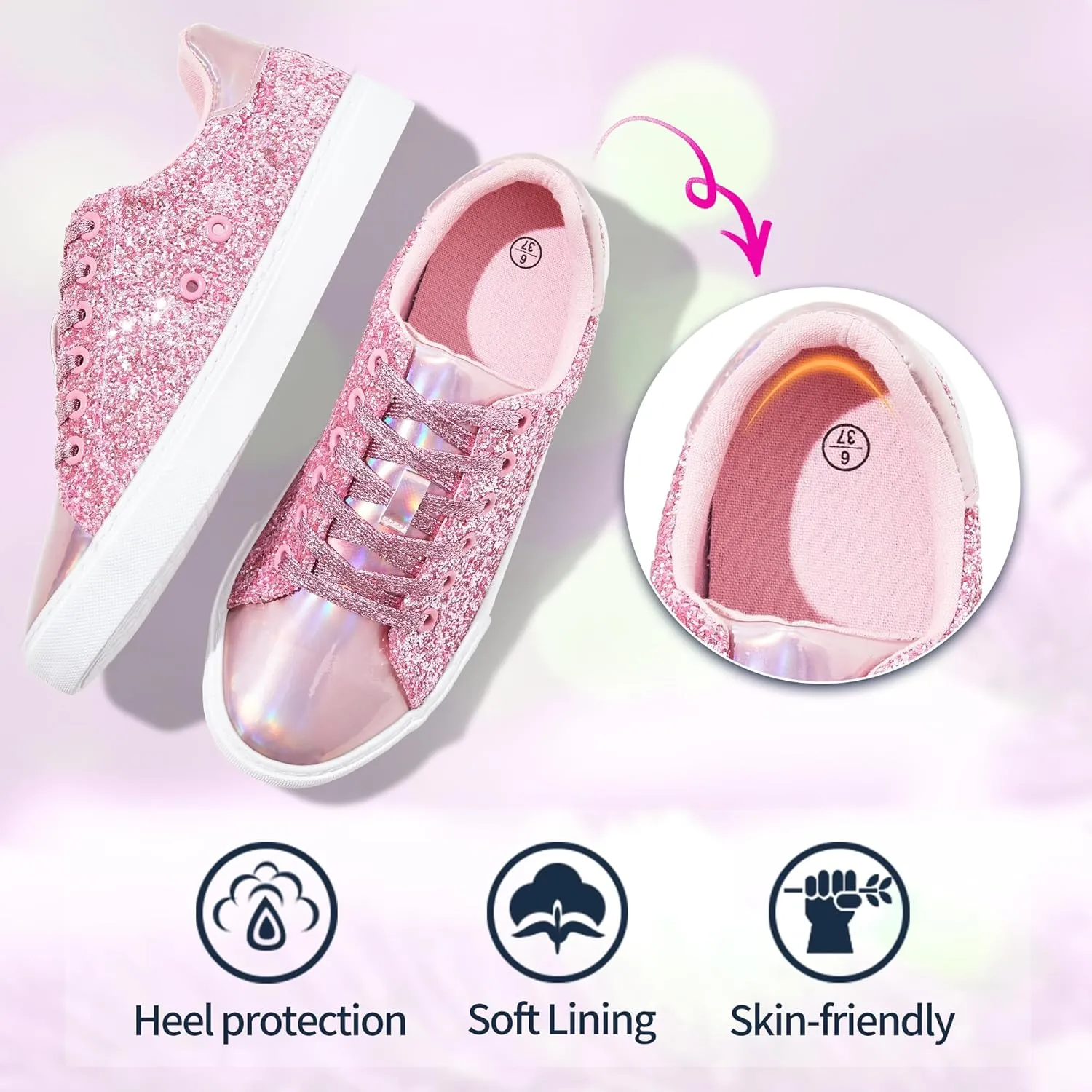 AISFAES Glitter Sneakers Sparkly Low Top Sequins Sneakers Lace Up Tennis Shoes Comfort Bling Shoes Fashion Shiny Walking Shoes