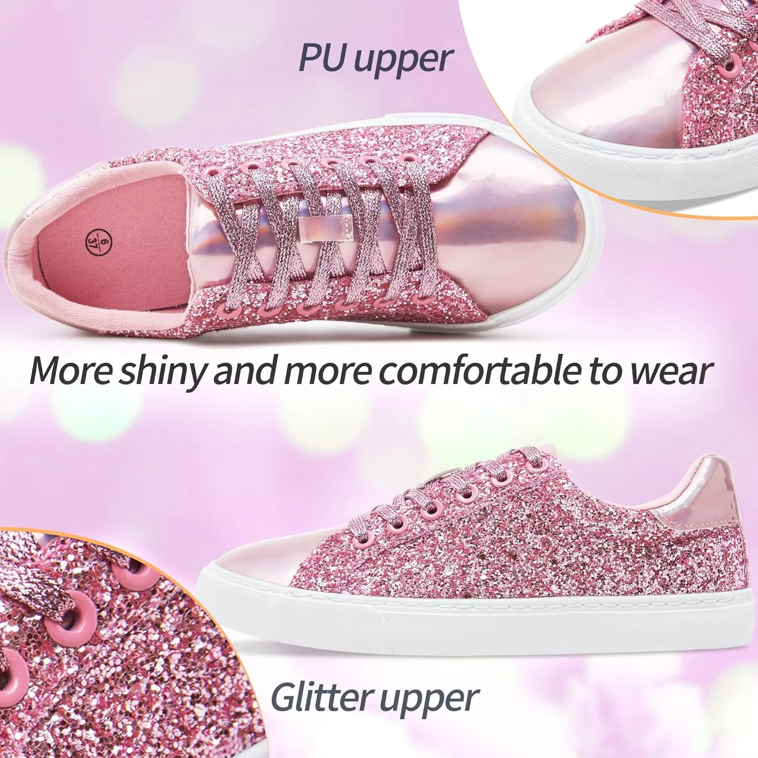 AISFAES Glitter Sneakers Sparkly Low Top Sequins Sneakers Lace Up Tennis Shoes Comfort Bling Shoes Fashion Shiny Walking Shoes