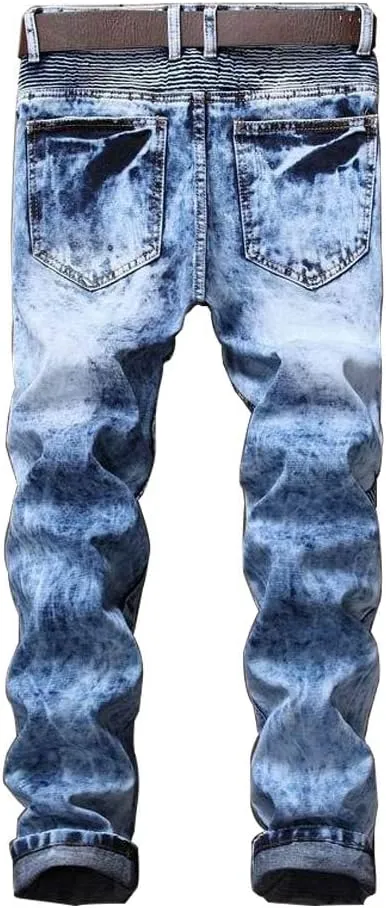 AITITIA Men's Biker Zipper Deco Washed Straight Fit Jeans