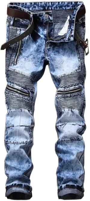 AITITIA Men's Biker Zipper Deco Washed Straight Fit Jeans