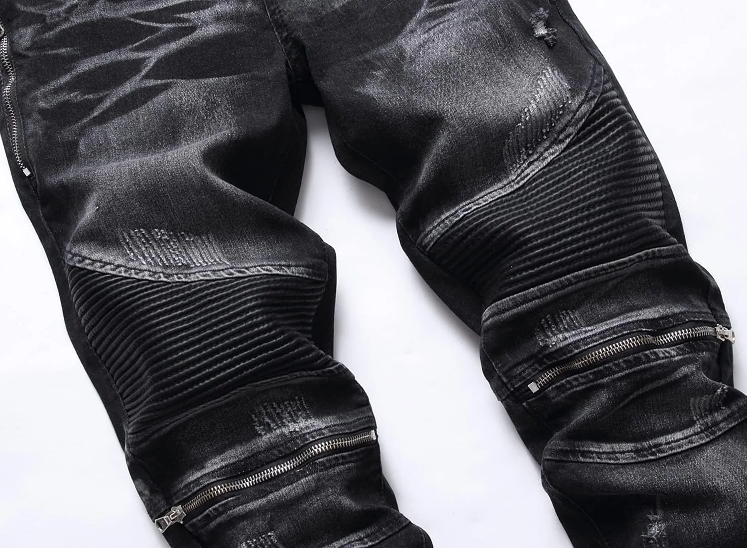 AITITIA Men's Biker Zipper Deco Washed Straight Fit Jeans