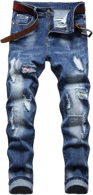 AITITIA Men's Patch Ripped Regular Fit Stretch Jeans