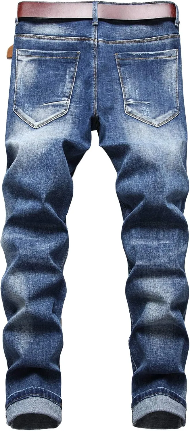 AITITIA Men's Patch Ripped Regular Fit Stretch Jeans
