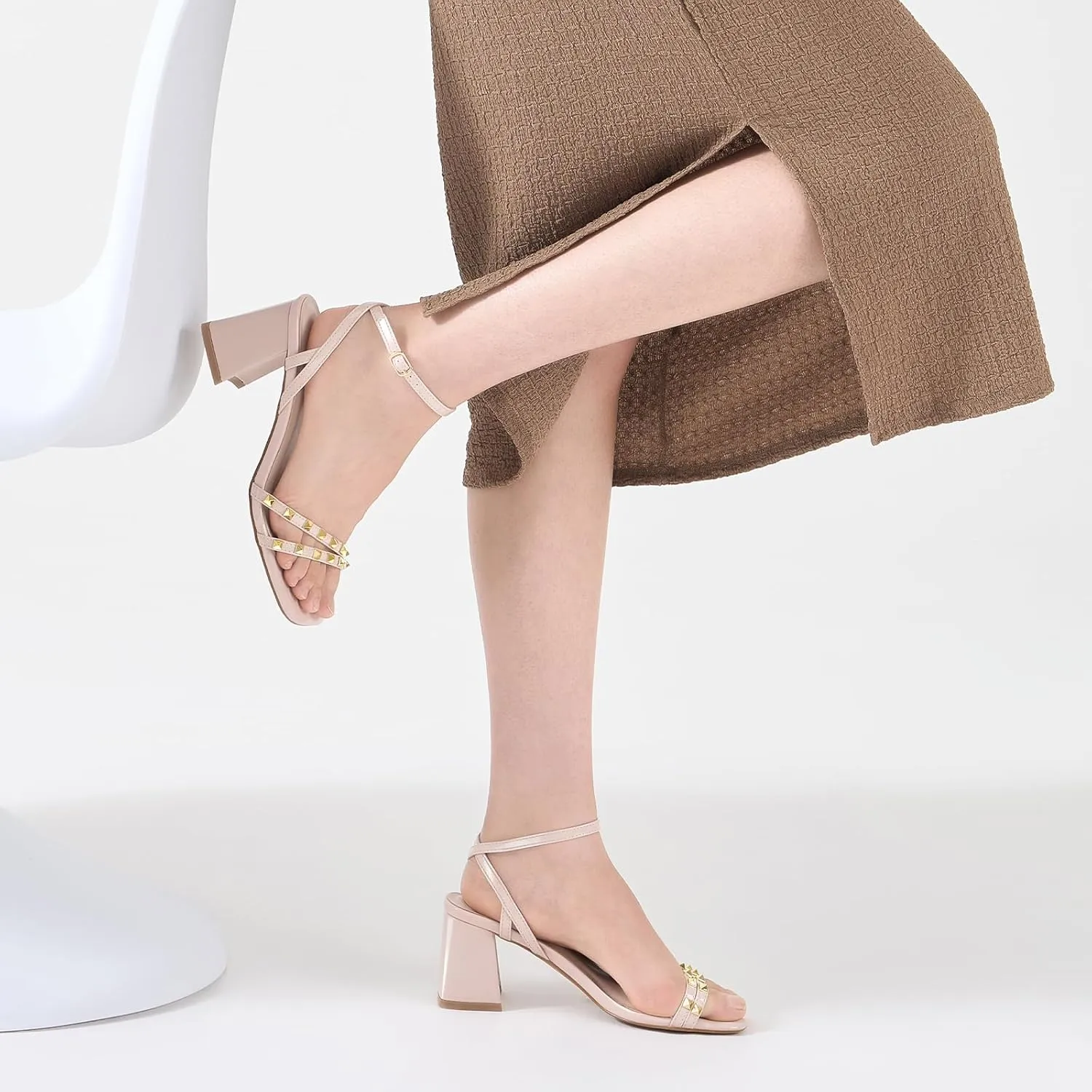 ALICEPUB Women's Chunky Block Heels Strappy Heels Square Open Toe Heeled Sandals Short Heels Comfortable Dressy Shoes Wedding Bridal Party