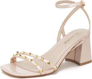 ALICEPUB Women's Chunky Block Heels Strappy Heels Square Open Toe Heeled Sandals Short Heels Comfortable Dressy Shoes Wedding Bridal Party
