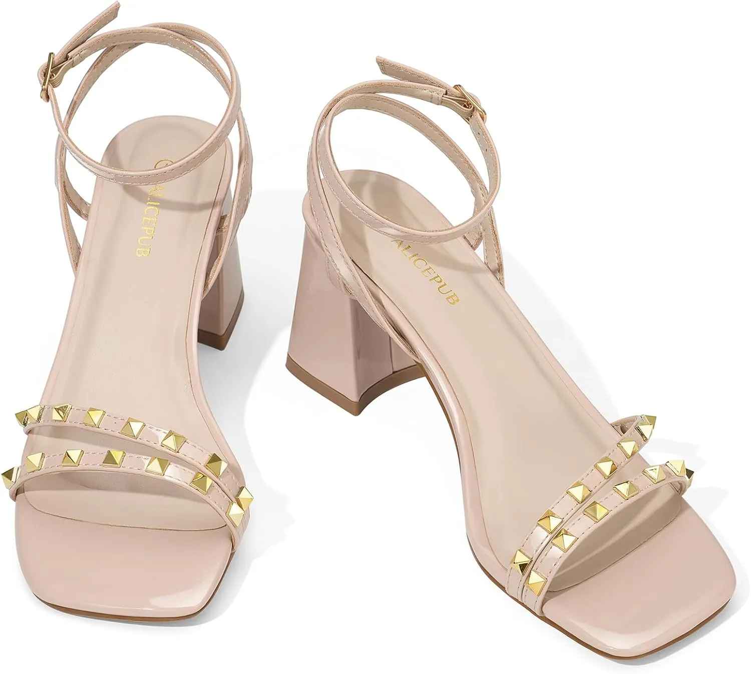 ALICEPUB Women's Chunky Block Heels Strappy Heels Square Open Toe Heeled Sandals Short Heels Comfortable Dressy Shoes Wedding Bridal Party