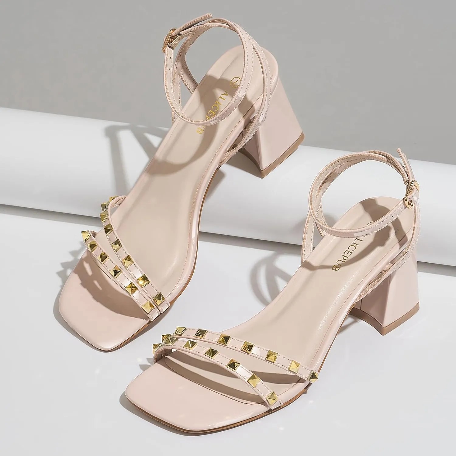 ALICEPUB Women's Chunky Block Heels Strappy Heels Square Open Toe Heeled Sandals Short Heels Comfortable Dressy Shoes Wedding Bridal Party