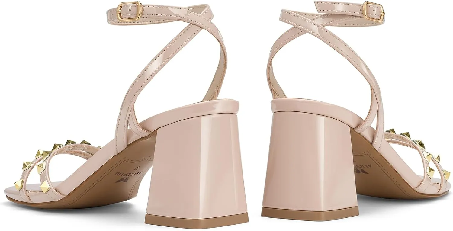 ALICEPUB Women's Chunky Block Heels Strappy Heels Square Open Toe Heeled Sandals Short Heels Comfortable Dressy Shoes Wedding Bridal Party