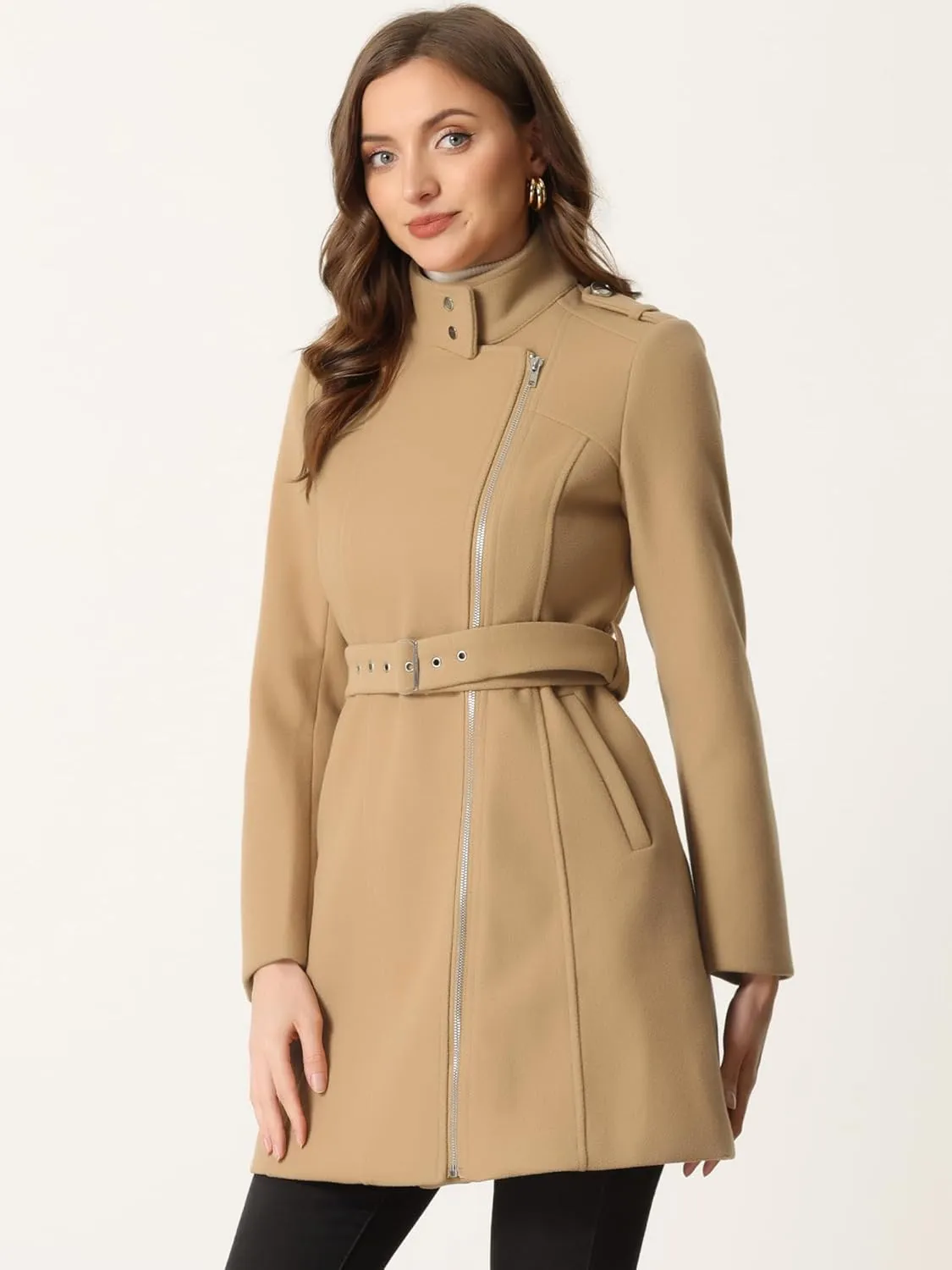 Allegra K High Neck Winter Coat for Women's Zip Up Belted Mid-Long Overcoat