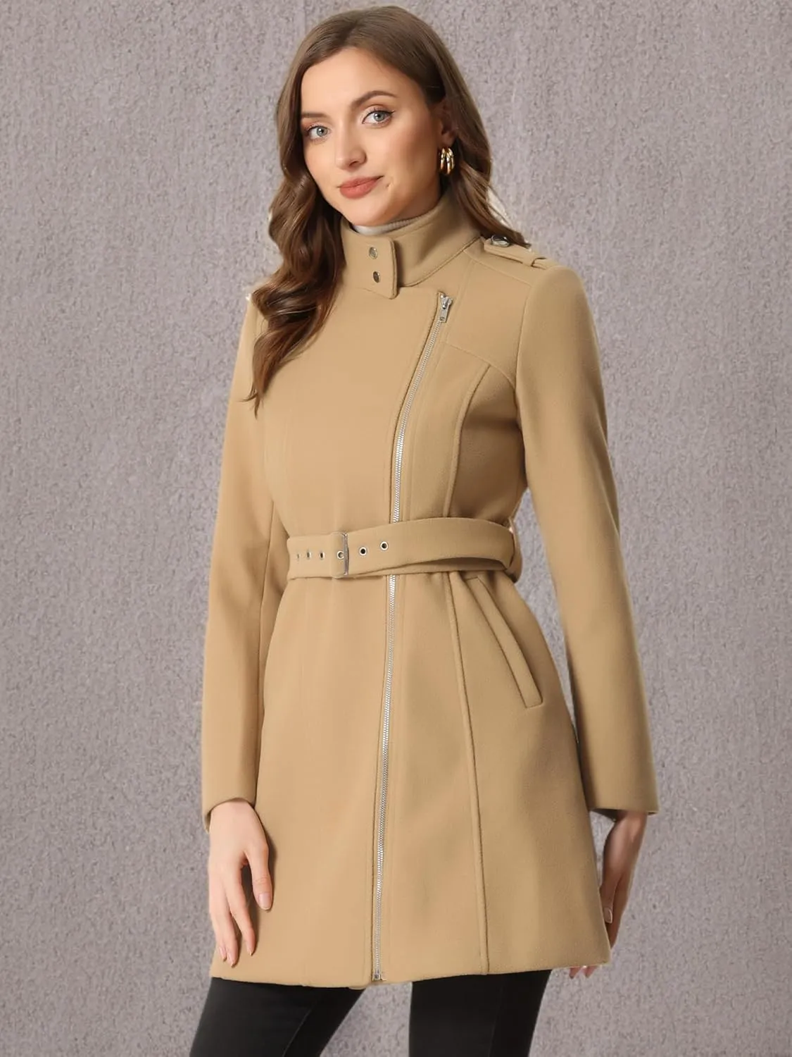Allegra K High Neck Winter Coat for Women's Zip Up Belted Mid-Long Overcoat