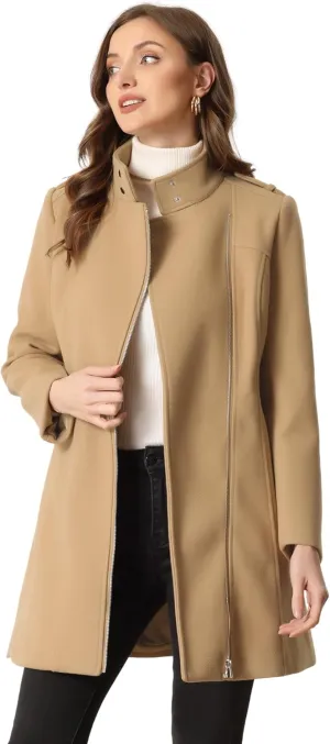 Allegra K High Neck Winter Coat for Women's Zip Up Belted Mid-Long Overcoat