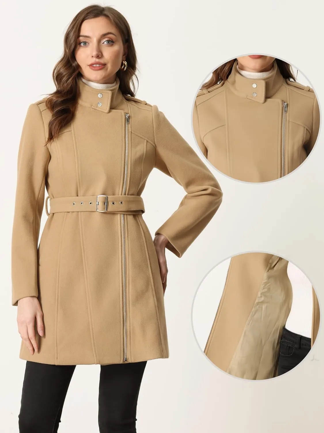 Allegra K High Neck Winter Coat for Women's Zip Up Belted Mid-Long Overcoat