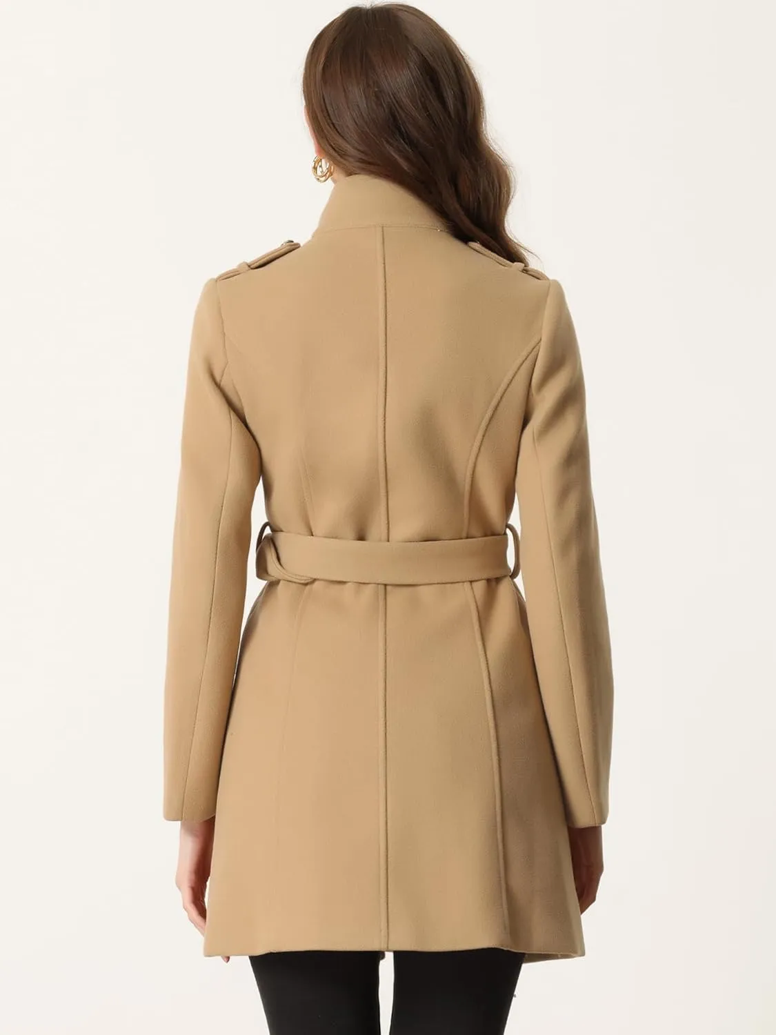 Allegra K High Neck Winter Coat for Women's Zip Up Belted Mid-Long Overcoat