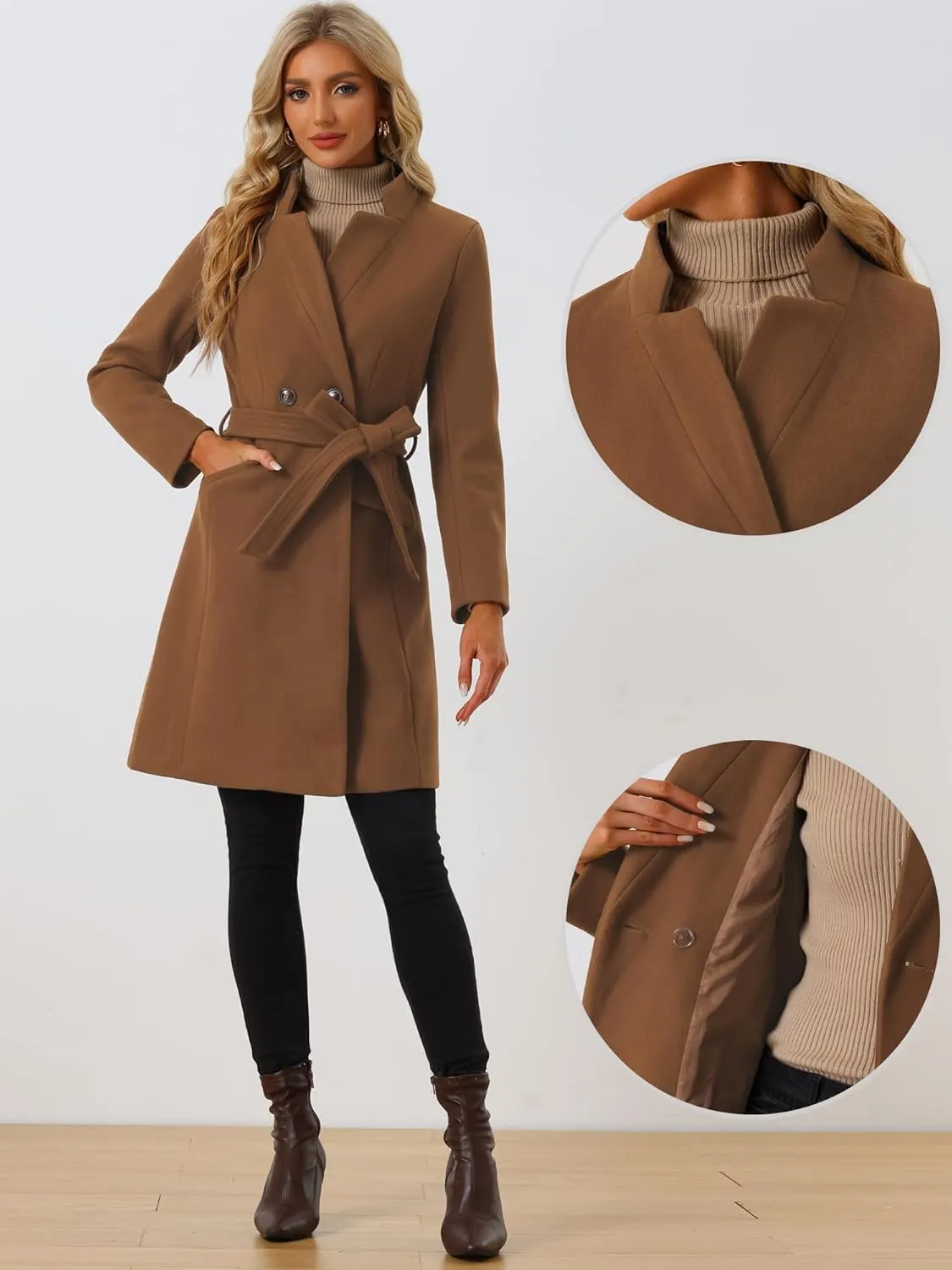 Allegra K Winter Belted Coat for Women's Stand Collar Buttoned Outwear Mid-Long Work Overcoat