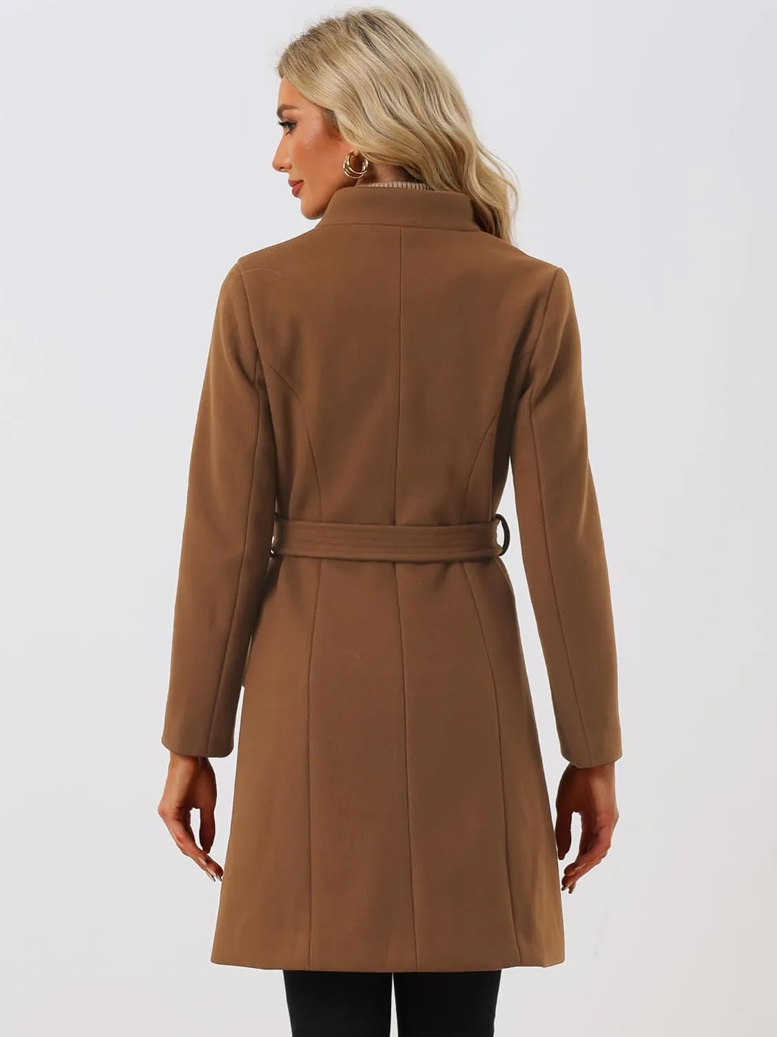 Allegra K Winter Belted Coat for Women's Stand Collar Buttoned Outwear Mid-Long Work Overcoat