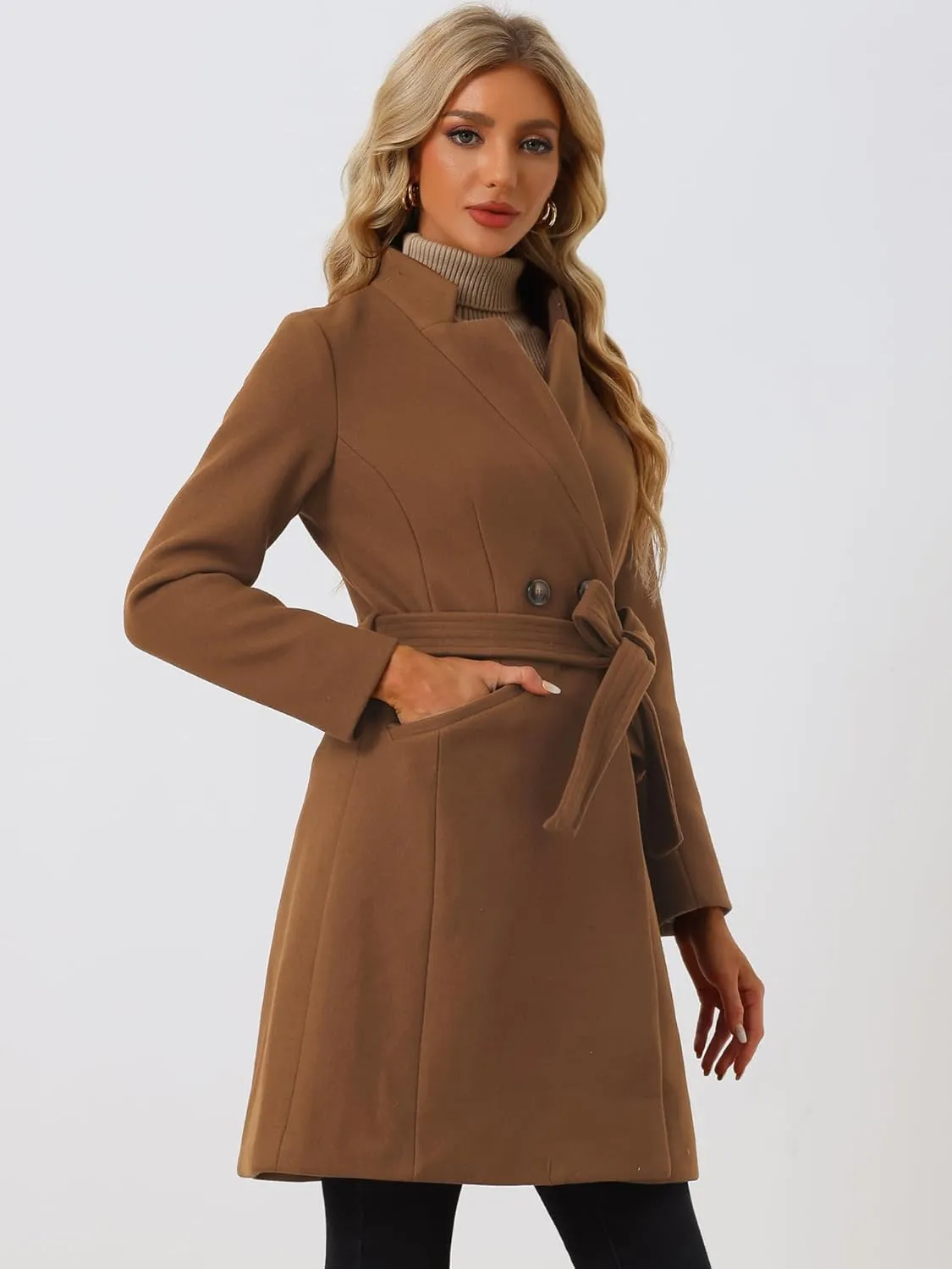 Allegra K Winter Belted Coat for Women's Stand Collar Buttoned Outwear Mid-Long Work Overcoat