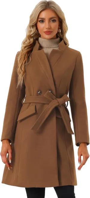 Allegra K Winter Belted Coat for Women's Stand Collar Buttoned Outwear Mid-Long Work Overcoat