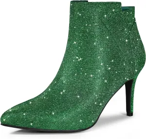 Allegra K Women's Glitter Pointed Toe Zipper Stiletto Heel Ankle Boots
