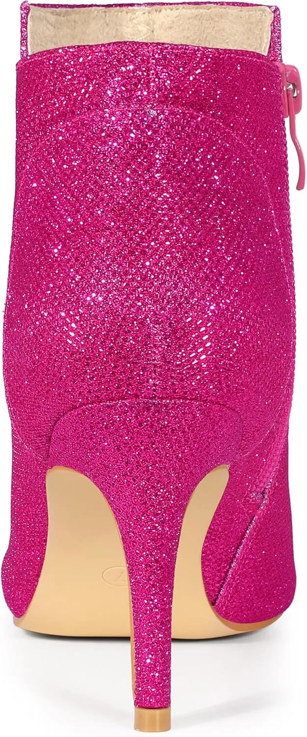 Allegra K Women's Glitter Pointed Toe Zipper Stiletto Heel Ankle Boots