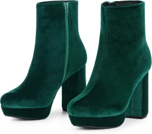 Allegra K Women's Platform Block Heels Faux Velvet Ankle Boots