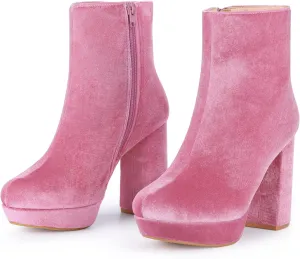 Allegra K Women's Platform Block Heels Faux Velvet Ankle Boots