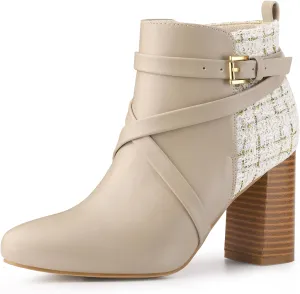 Allegra K Women's Pointy Toe Plaid Crisscross Strap Buckle Chunky Heels Ankle Booties