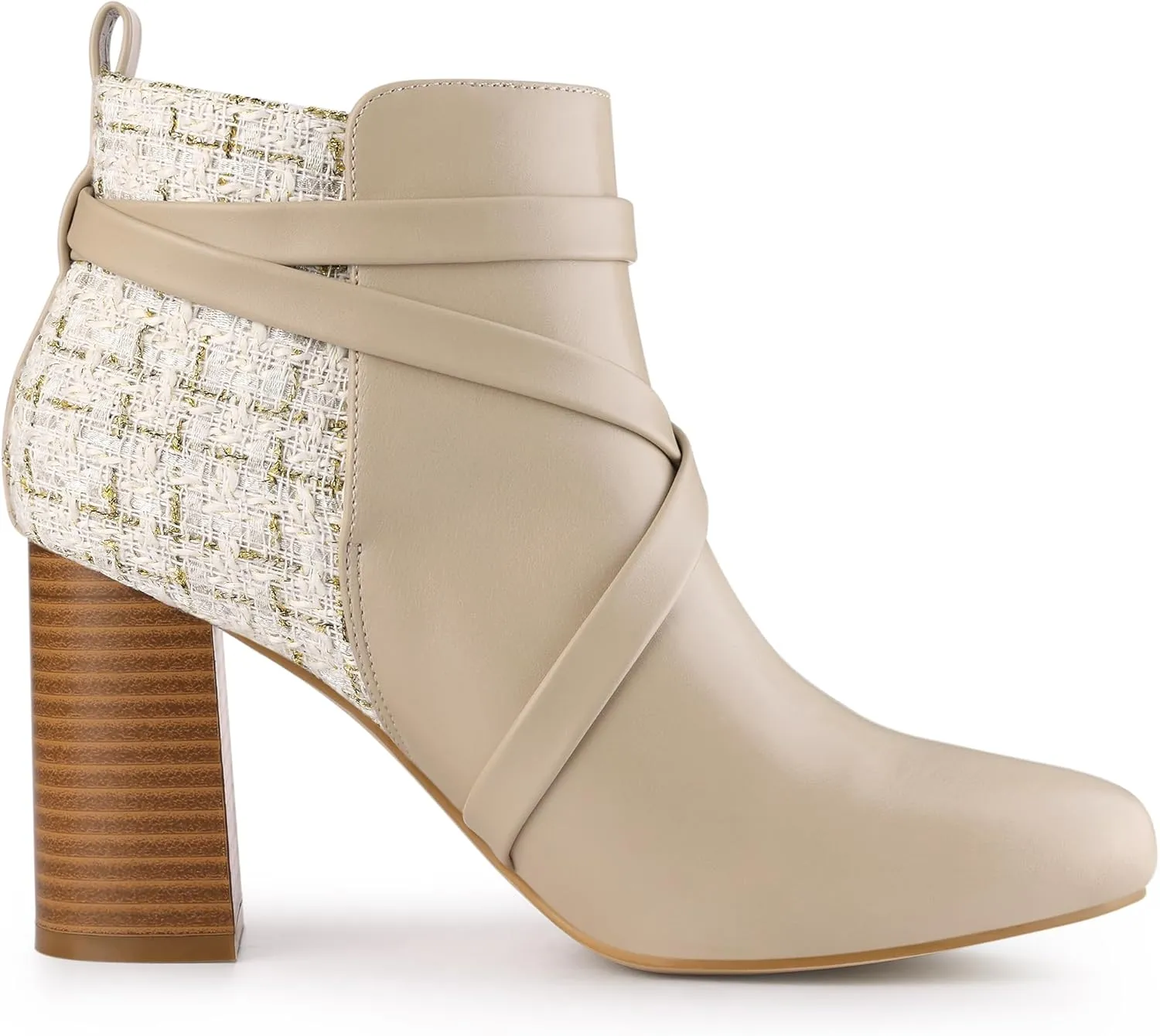 Allegra K Women's Pointy Toe Plaid Crisscross Strap Buckle Chunky Heels Ankle Booties