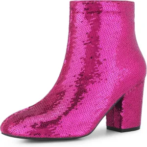 Allegra K Women's Round Toe Block Heels Sequin Ankle Boots