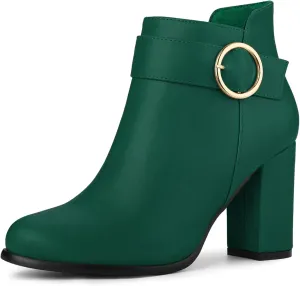 Allegra K Women's Round Toe Circle Buckle Chunky Heels Ankle Boots