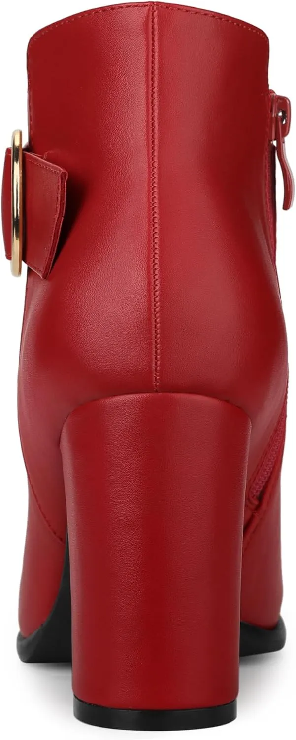 Allegra K Women's Round Toe Circle Buckle Chunky Heels Ankle Boots