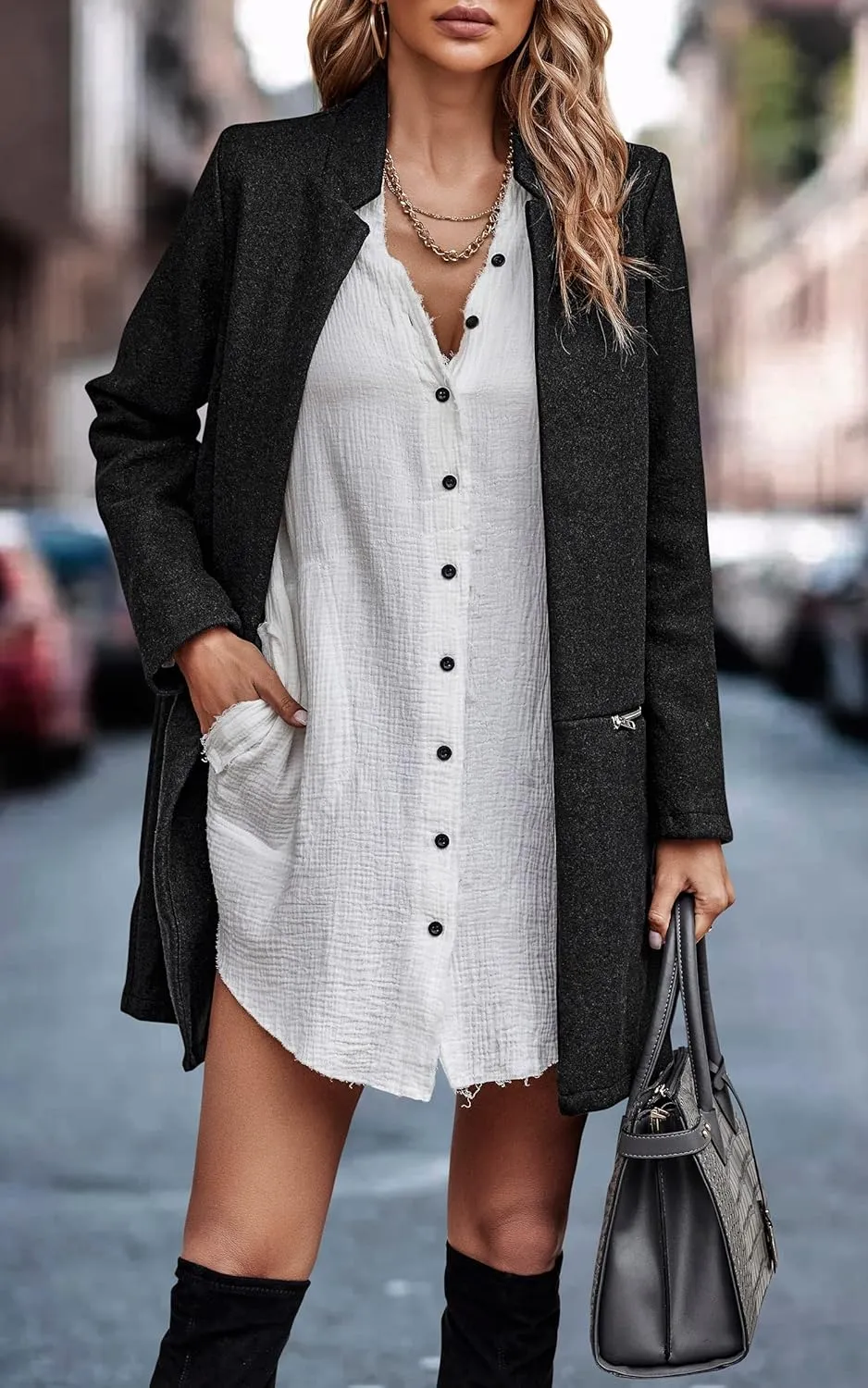 Angashion Women’s Coat, Long Sleeve Stand Collar Cardigan Mid-Long Open Front Outwear Overcoat with Zipper Pockets
