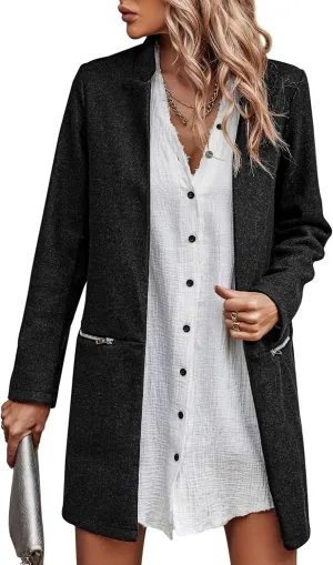 Angashion Women’s Coat, Long Sleeve Stand Collar Cardigan Mid-Long Open Front Outwear Overcoat with Zipper Pockets