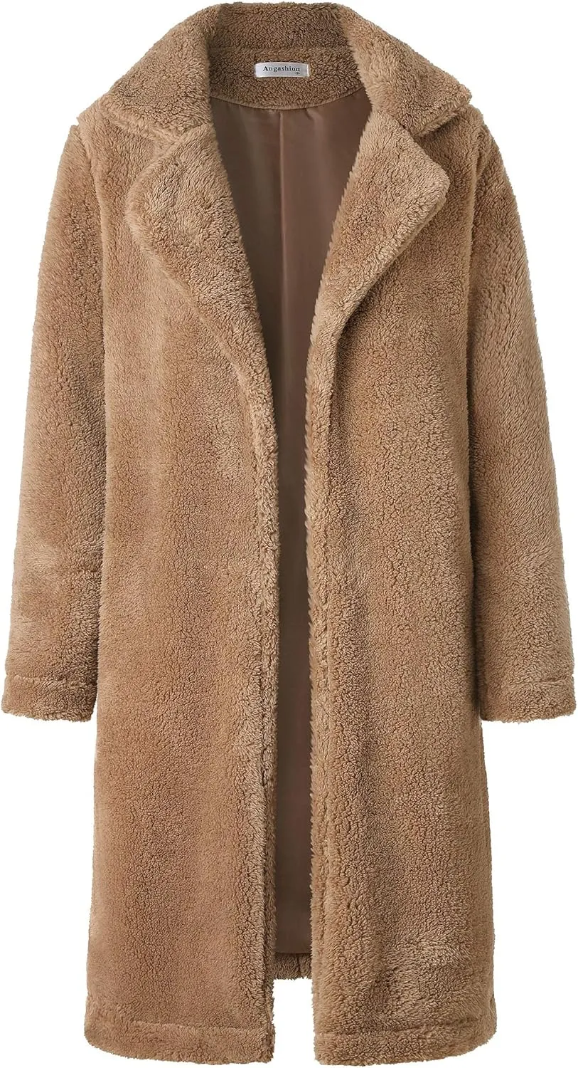 Angashion Women's Fuzzy Fleece Lapel Open Front Long Cardigan Coat Faux Fur Warm Winter Outwear Jackets