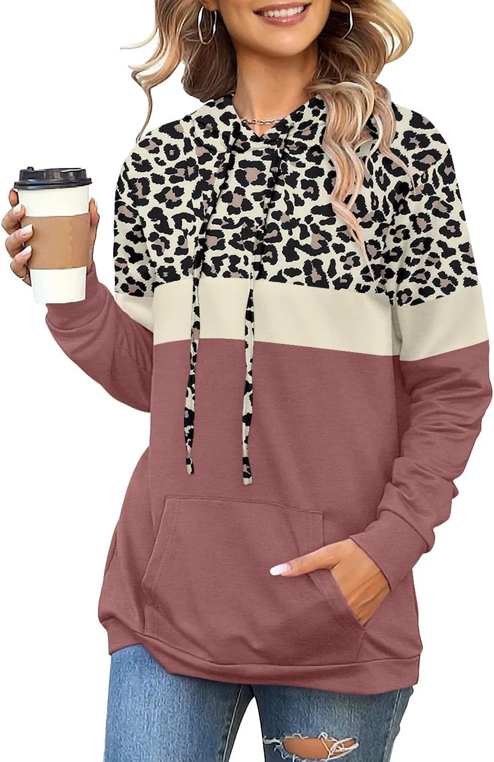 Angerella Hoodies for Women Camo Leopard Print Tops Pullover Hooded Sweatshirt Drawstring with Pocket